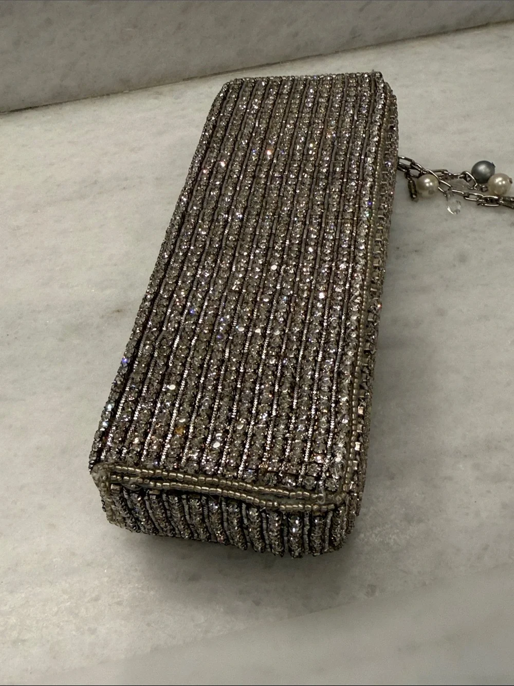 Silver Crystal Evening Clutch with Pearl Tassel